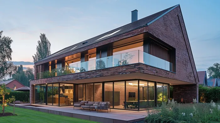 An AI-generated modern house at dusk with a steep gable roof, dark red brick walls, a long glazed balcony on the upper floor and a glazed ground floor opening onto a garden terrace