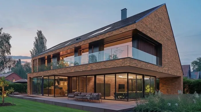 The same house with the brick walls in warm chestnut brown brick; everything else unchanged