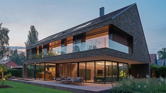 The same house with the brick walls in long, thin graphite brick; the roof, the glazing and the garden unchanged