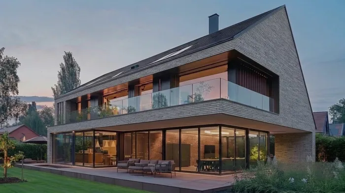 The same house with the brick walls in light grey long brick; everything else unchanged