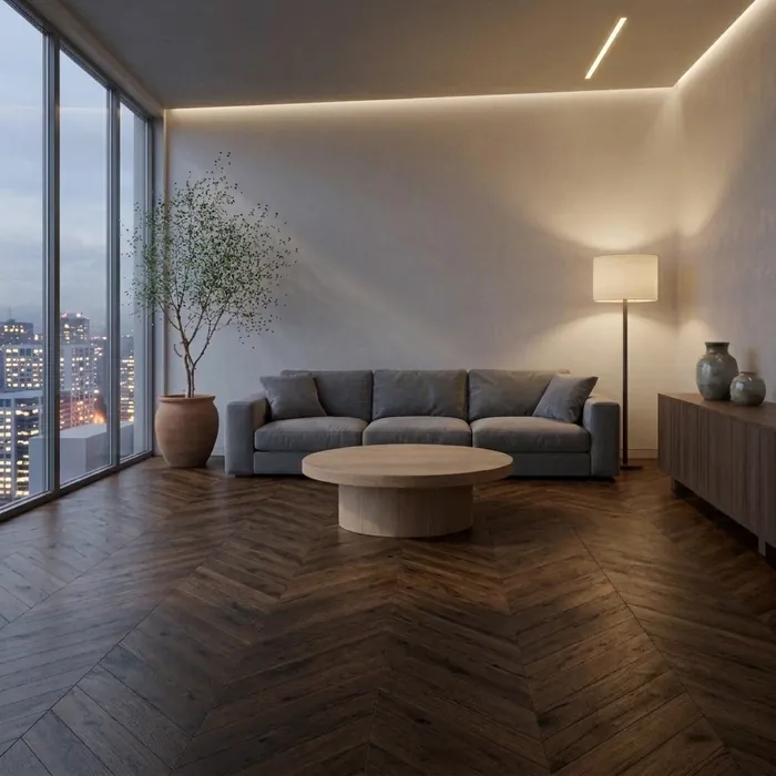 The same living room in the evening: city lights outside, a warm light along the ceiling and the floor lamp switched on