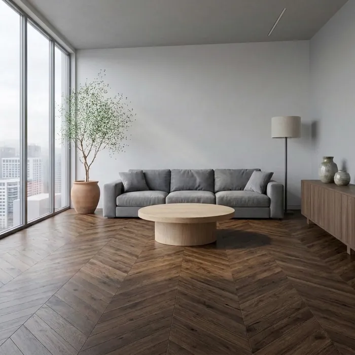 The same living room with a dark oak parquet floor laid in a V pattern; everything else unchanged