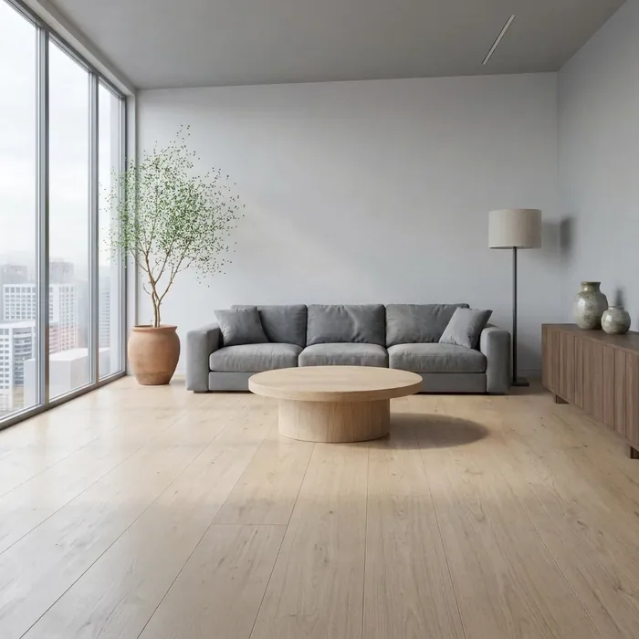 The same living room as a realistic photo: a light oak floor, a grey sofa, a round wooden coffee table and a city view through the windows