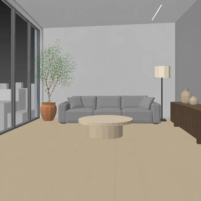 A generated 3ds Max viewport of a living room in plain grey and beige: a sofa, a round coffee table, a floor lamp and a plant by tall windows
