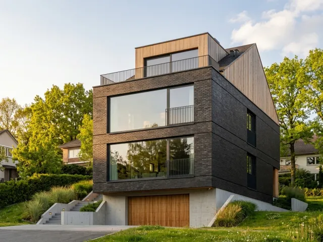 A photoreal visualization of a dark brick and timber contemporary house