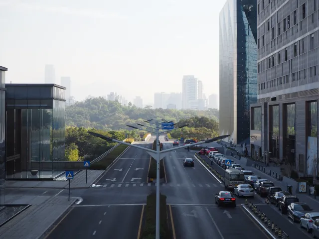 A photoreal architectural visualization of an urban street between contemporary buildings