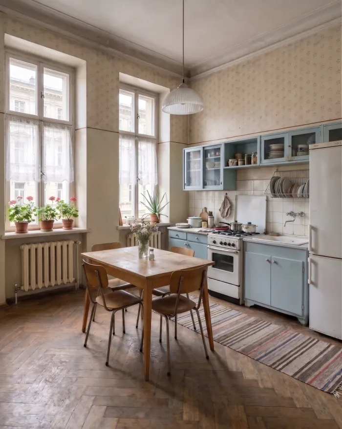 A generated 1960s kitchen in a tenement flat: tall windows with lace curtains, floral wallpaper, pale blue cabinets, an old gas cooker, a wooden table with four chairs and a worn herringbone floor