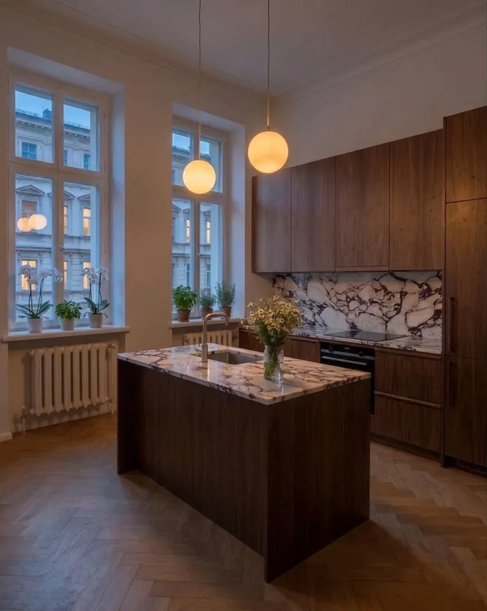 The same kitchen in the evening: blue dusk outside the windows and both globe pendants lit warm