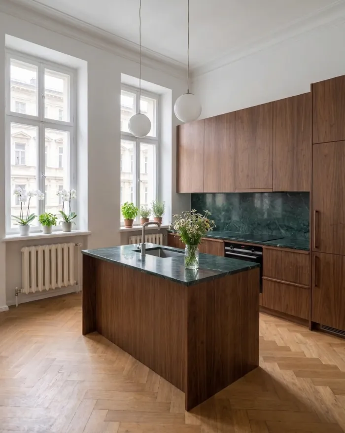 The same kitchen renovated: white walls, a walnut island and walnut tall units, a green marble worktop and backsplash, two globe pendants and a refinished herringbone floor