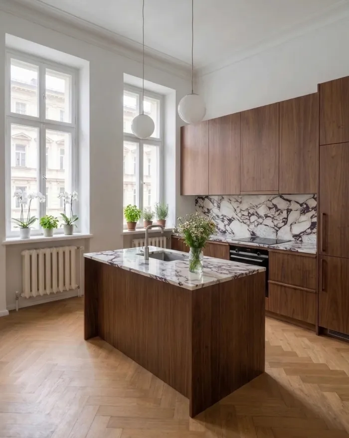 The same renovated kitchen with the worktop and the backsplash in white marble with bold purple veins; everything else unchanged
