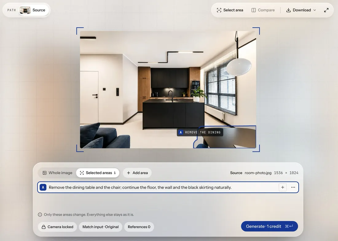 The app with a room photo uploaded, the dining table marked as area A and the instruction to remove it