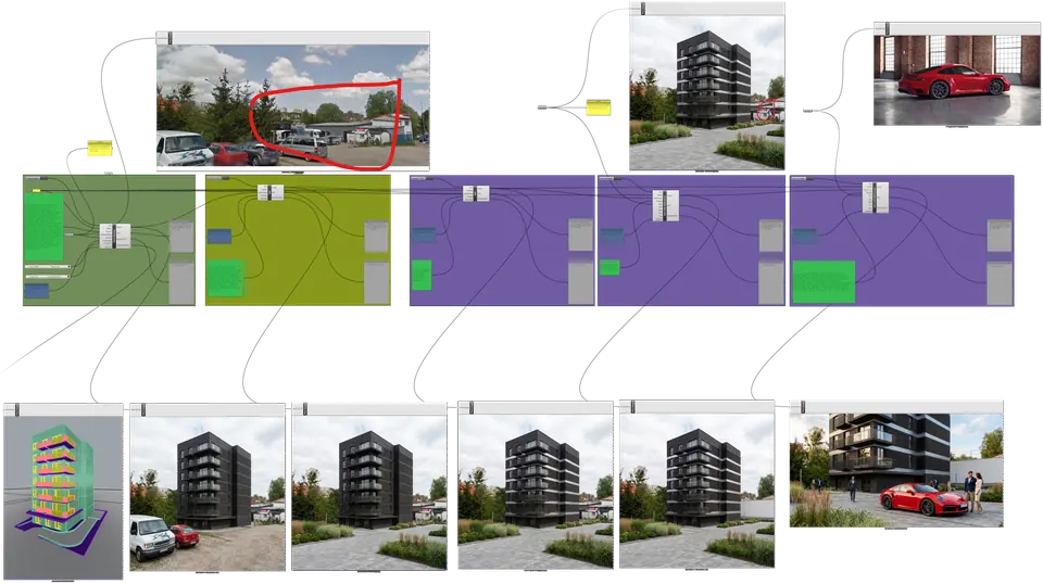 A Grasshopper graph: a site photo with a marked area, references and a row of generated building variants