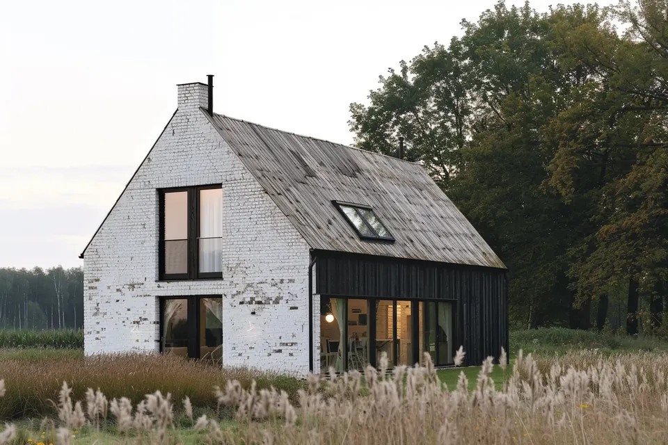 A house of white brick and black timber in a meadow, the source image