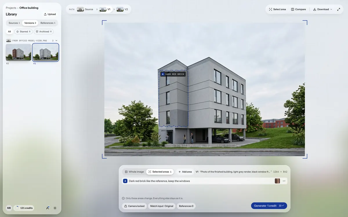 The app: version V1 with the left wall selected as area A, an instruction and a brick reference pinned to it