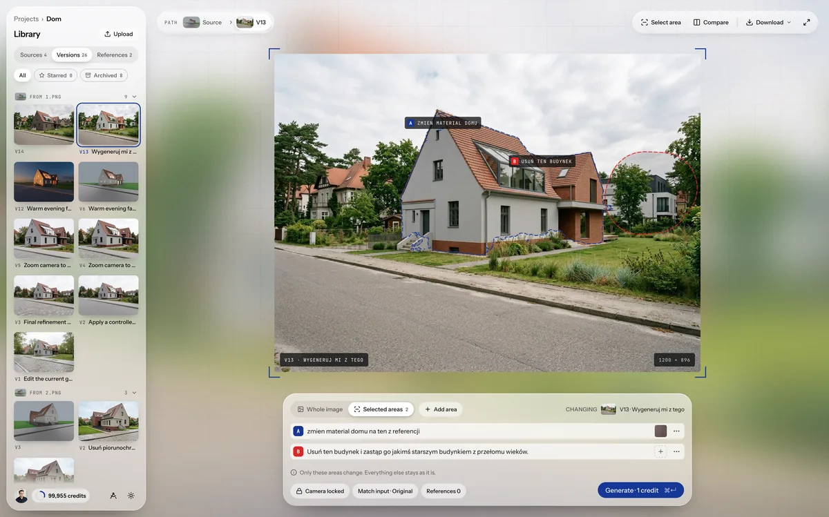 The app: version V13 with two selected areas, A on the house facade with a material reference and B on the building on the right